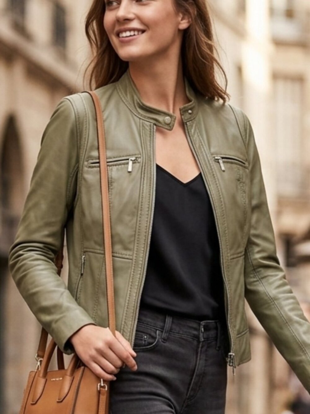 MICHAEL KORS Sage Olive Green Soft Leather Moto Cafe Racer Jacket Size XS